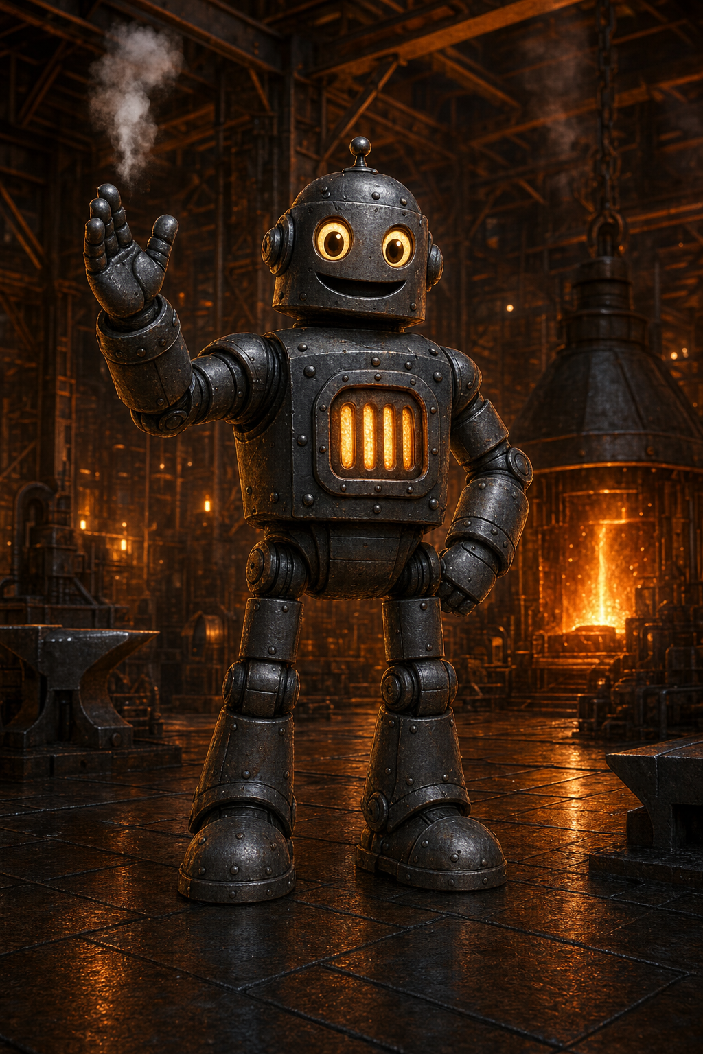 Iron, the friendly riveted robot mascot, raising a hand in welcome